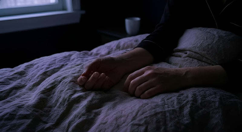 Soft pre-dawn bedroom light, woman's hands resting on cream linen