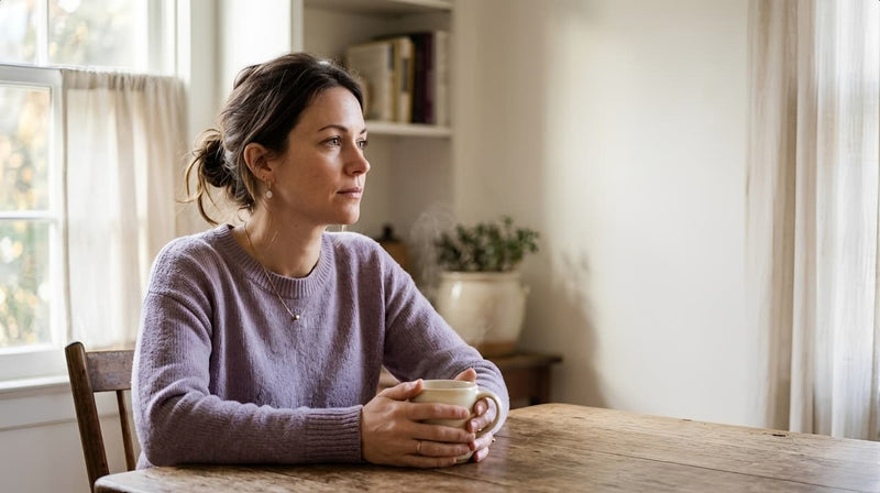 Woman in her late thirties, thoughtful, holding a cream ceramic mug